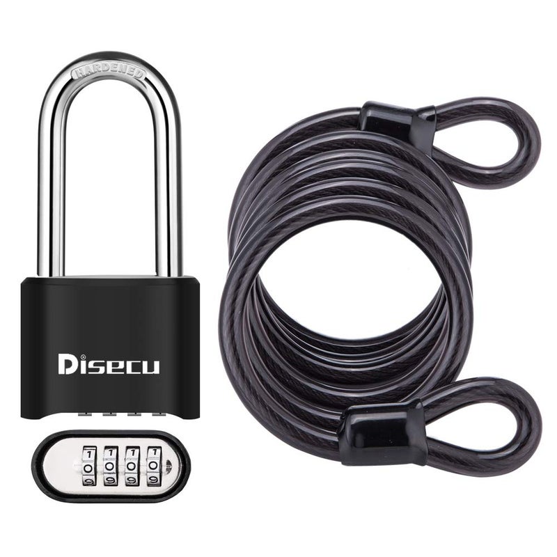 Disecu 1 Pack disecu Heavy Duty 4 Digit Combination Lock, 2.5 Inch Long Shackle Outdoor Waterproof Padlock with Steel Cable for Bike, Gate, Fence (Black) - Image 1